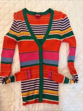 STAUD Orange Multicolor Ribbed Button-Front Cardigan with Green Trim